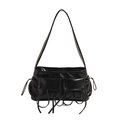 Minimalist black glossy PU leather shoulder bag with multi-pocket utilitarian design - Black
