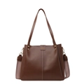 Grande borsa tote marrone scuro in finta pelle opaca con tracolla colorata intrecciata - Marrone