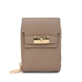 Minimalist brown pebbled leather mini handbag featuring golden metal turn-lock buckle - Khaki