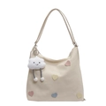 Borsa tote in tela crema con toppe a cuore e ciondolo a nuvola peluche da donna - Con Ciondolo / Bianco Sporco