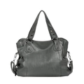 Grey pebbled leather tote bag with cylindrical rivets and detachable shoulder strap - Gray