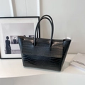 Classic black crocodile pattern tote bag with large capacity and minimalist trapezoidal design - Black