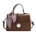 Brown lychee texture crossbody bag with silver twist lock and paisley silk scarf - Brown