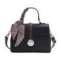 Black litchi grain tote bag with brown accents, silver clasp and decorative paisley scarf - Black