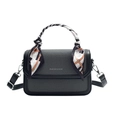 Contrast color canvas mini square bag with silk scarf handle in grey and black - Blue