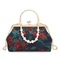 Vintage floral satin shell bag with pearl handle and golden chain strap in dark green - Black