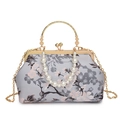 Grey floral jacquard handbag with pearl handle and golden chain strap in vintage style - Gray