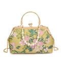 Floral jacquard handbag in yellow silk with pearl handle and golden metal chain - Yellow
