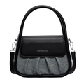 Retro small square bag in black leather and blue denim patchwork with metal hooks - Light Blue