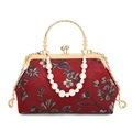 Elegant dark red jacquard floral evening bag with pearl handle and golden chain - Fuschia