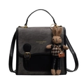 Grauer Retro-Leinenrucksack mit schwarzem Lederbesatz und süßem Hasen-Anhänger - Mit Anhänger / Dunkelbraun