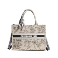 Vintage floral canvas tote bag with black letter print and decorative silk scarf detail - Khaki