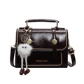 Vintage dark brown polished leather shoulder bag with gold rivets and plush charm - Coffee