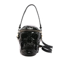 3D metallic skull crossbody bag in glossy black with gold zipper and embossed strap - Black