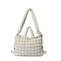 Chic cream quilted puffer tote bag with elegant side drawstring and large capacity - White