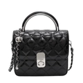 Quilted black square shoulder bag with silver chain and metallic top handle detail - Black