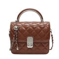 Deep brown quilted crossbody bag with silver metal handle and chain strap detail - Brown