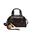 Dark brown faux leather Boston bag with motorcycle style and baseball glove charm - With Pendant / Brown