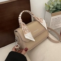 Beige textured leather small square bag with floral ribbon handle and shoulder strap - Khaki