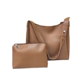 Brown PU leather minimalist tote bag with matching zipper pouch and adjustable strap - Light Brown
