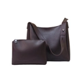 Dark brown faux leather tote bag set with wide shoulder strap and matching inner pouch - Brown