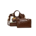 Set borsa tote 3 pezzi marrone scuro in pelle lucida plissettata con dettagli dorati - Marrone