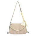 Chic beige pleated crossbody bag with pearl chain and silk ribbon bow detail - Khaki