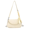 Creamy white ruched shoulder bag with elegant pearl chain and yellow silk scarf accent - Off White