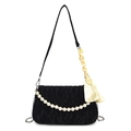 Black quilted small shoulder bag featuring white pearl chain and yellow silk scarf detail - Black