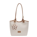 Borsa a secchiello beige in pelle testurizzata con bordi marroni e ciondolo floreale - Bianco Sporco