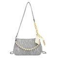 Silver pleated shoulder bag featuring elegant pearl chain and yellow silk scarf detail - Silver