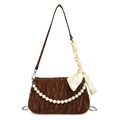 Dark brown pleated shoulder bag with pearl chain and silk scarf handle accent - Brown