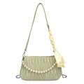Light green pleated underarm bag with pearl chain and yellow silk scarf detail - Green