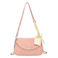 Pink pleated crossbody bag with pearl chain detail and yellow silk scarf handle accent - Pink