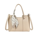 Elegant beige lychee grain leather tote bag with stylish houndscaf scarf decoration - Beige