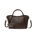 Dark brown lychee grain PU leather handbag with white contrast stitching and mini charm - Brown