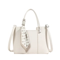 Chic off-white lychee leather bucket bag with elegant houndstooth scarf detail - White