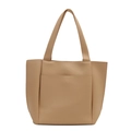 Bolso tote minimalista de cuero granulado marrón claro con bolsillo frontal para el diario - Caqui