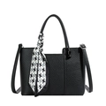 Elegant black lychee grain leather bucket tote bag with houndstooth silk scarf handle - Black