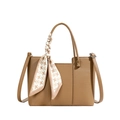 Brown litchi grain tote bag with houndstooth scarf handle and crossbody strap - Khaki