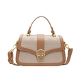 Beige and brown contrast crossbody bag with embossed patterns and gold twist lock - Khaki & Brown