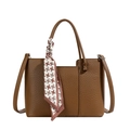 Brown lychee leather tote bag with houndstooth silk scarf and adjustable strap - Brown