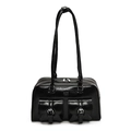 Grande borsa a spalla in pelle verniciata nera con tasche frontali stile vintage - Nero