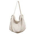 Grande borsa hobo in tela beige con tracolla larga e chiusura lampo argentata - Bianco