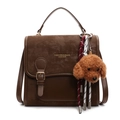 Mochila retro marrón de contraste con solapa de gamuza y colgante de oso de peluche - Con Colgante / Marrón
