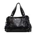 Bolso tote vintage de cuero PU negro con remaches metálicos y gran capacidad interior - Negro