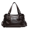 Bolso tote retro de cuero PU marrón oscuro con acabado brillante y tachuelas - café