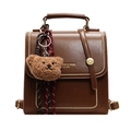 Vintage brown leather handbag and backpack with plush bear charm and golden hardware - With Pendant / Khaki