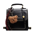 Retro black leather backpack with gold studs, brand logo, and cute bear charm accessory - With Pendant / Black