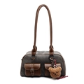 Sac Boston vintage gris avec poches marron, bretelles et un petit charm ours en peluche - Avec Pendentif / Brun Foncé